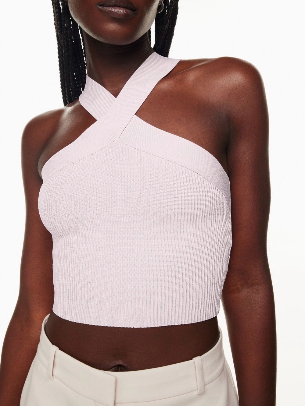 Aritzia Babaton Sculpt Knit Criss-Cross Halter Cropped Tank in Pale Pink